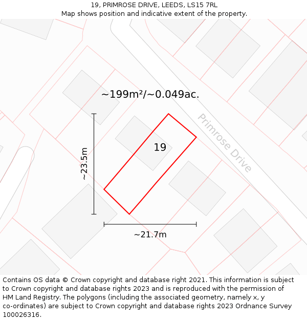 19, PRIMROSE DRIVE, LEEDS, LS15 7RL: Plot and title map