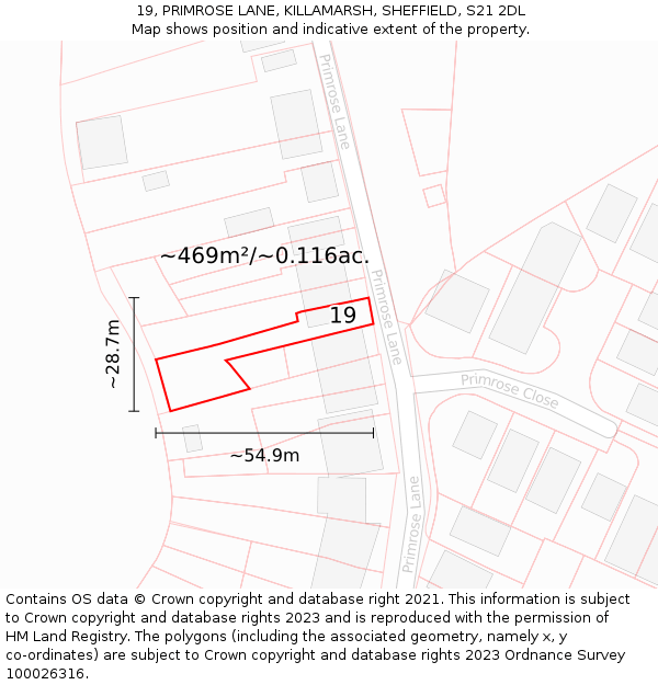 19, PRIMROSE LANE, KILLAMARSH, SHEFFIELD, S21 2DL: Plot and title map