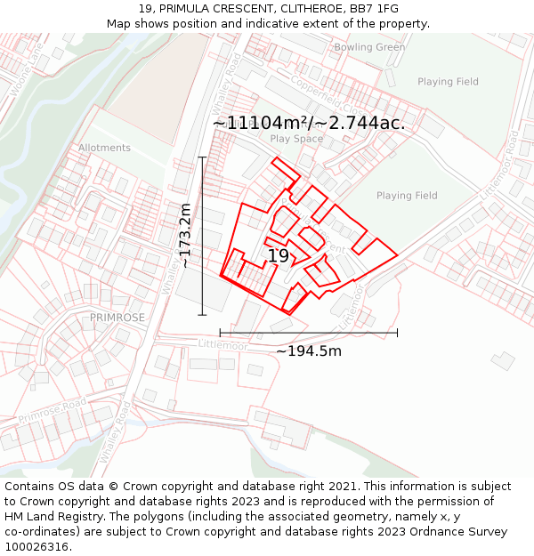 19, PRIMULA CRESCENT, CLITHEROE, BB7 1FG: Plot and title map
