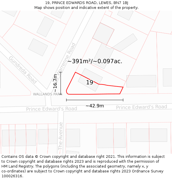 19, PRINCE EDWARDS ROAD, LEWES, BN7 1BJ: Plot and title map