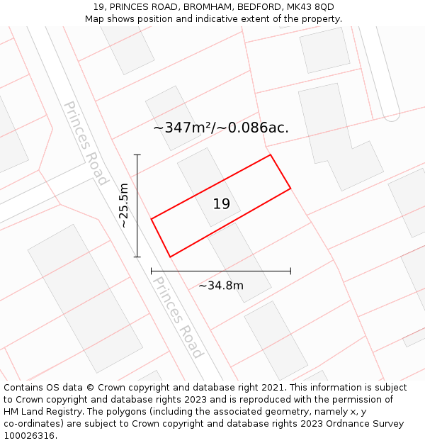 19, PRINCES ROAD, BROMHAM, BEDFORD, MK43 8QD: Plot and title map