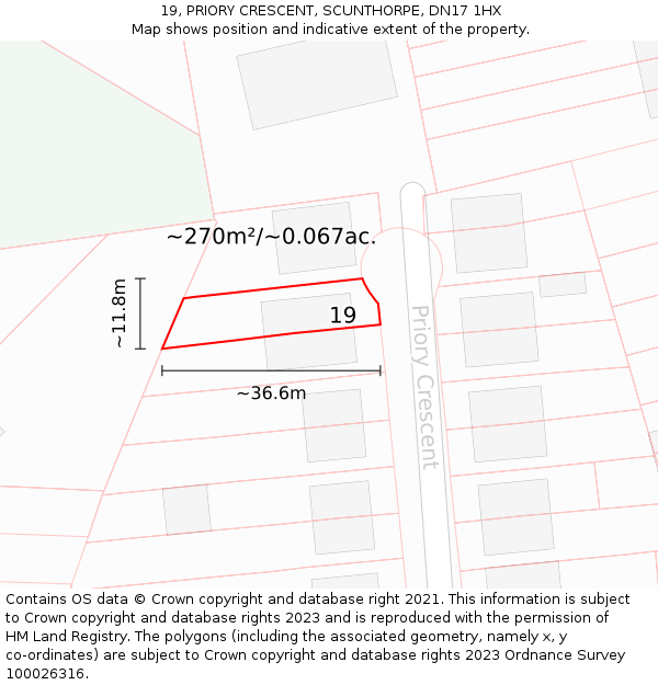 19, PRIORY CRESCENT, SCUNTHORPE, DN17 1HX: Plot and title map