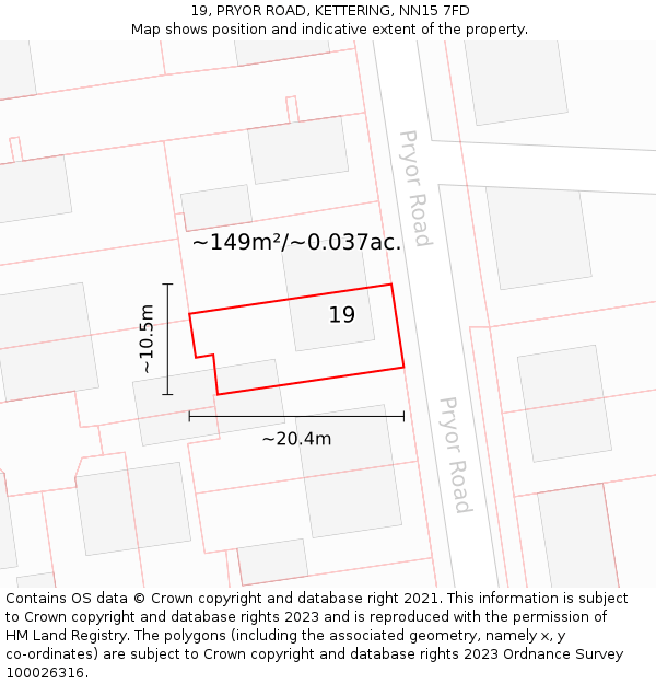 19, PRYOR ROAD, KETTERING, NN15 7FD: Plot and title map