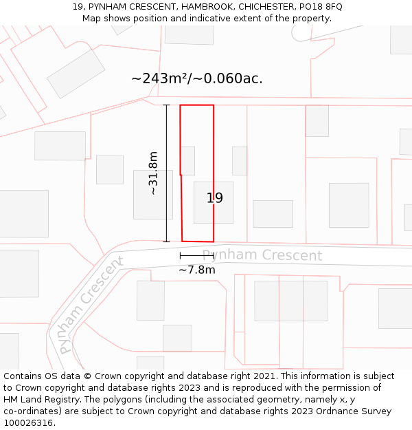 19, PYNHAM CRESCENT, HAMBROOK, CHICHESTER, PO18 8FQ: Plot and title map