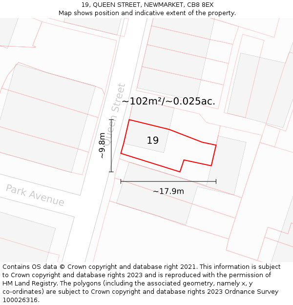 19, QUEEN STREET, NEWMARKET, CB8 8EX: Plot and title map