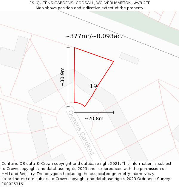 19, QUEENS GARDENS, CODSALL, WOLVERHAMPTON, WV8 2EP: Plot and title map