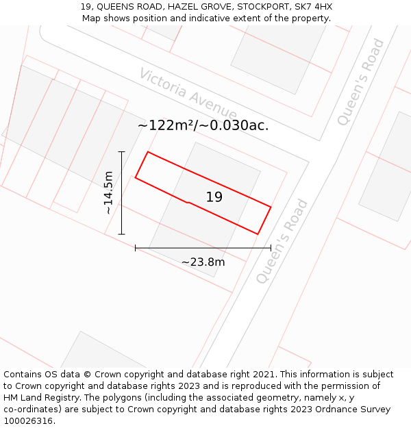 19, QUEENS ROAD, HAZEL GROVE, STOCKPORT, SK7 4HX: Plot and title map