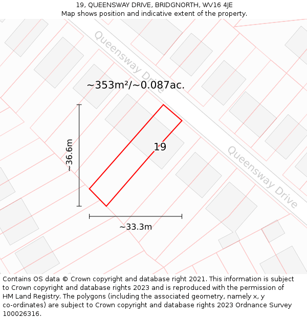 19, QUEENSWAY DRIVE, BRIDGNORTH, WV16 4JE: Plot and title map