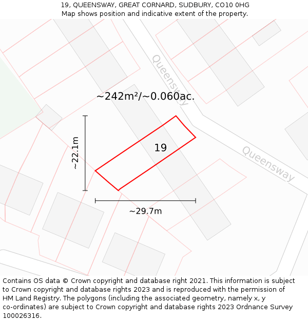 19, QUEENSWAY, GREAT CORNARD, SUDBURY, CO10 0HG: Plot and title map