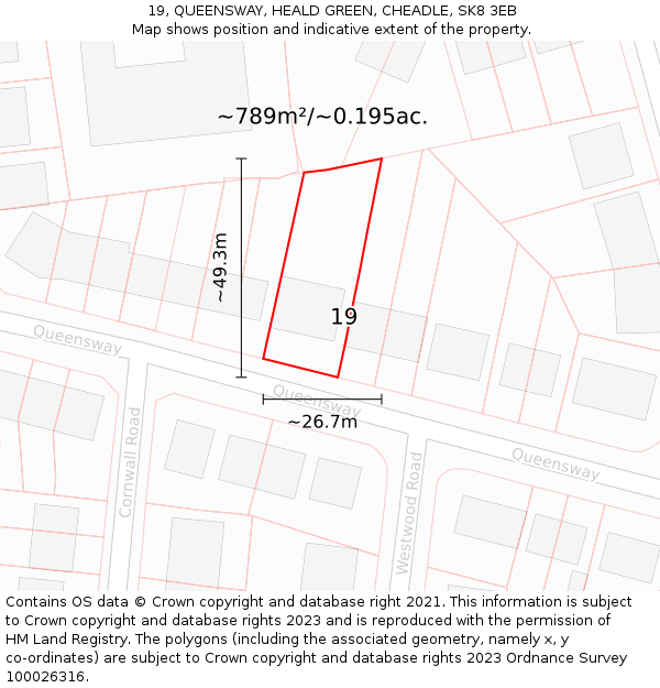 19, QUEENSWAY, HEALD GREEN, CHEADLE, SK8 3EB: Plot and title map