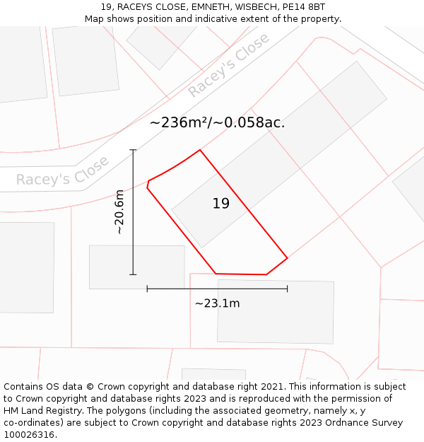 19, RACEYS CLOSE, EMNETH, WISBECH, PE14 8BT: Plot and title map