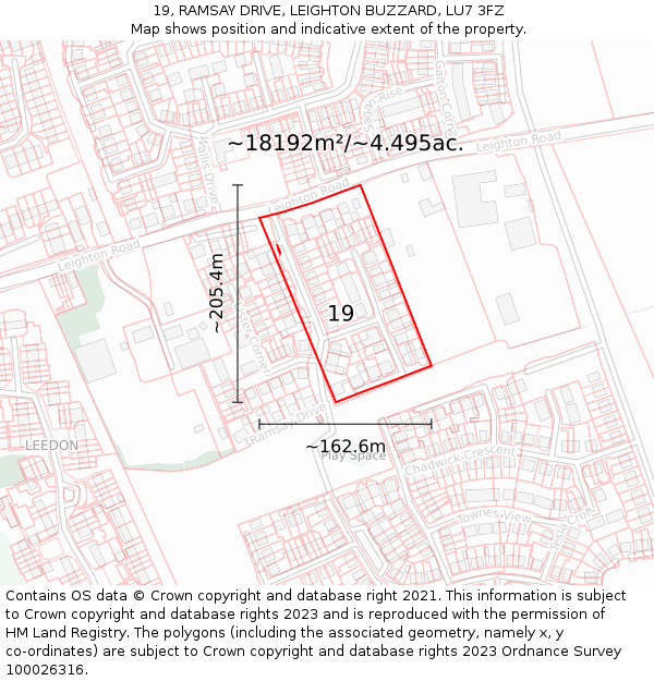 19, RAMSAY DRIVE, LEIGHTON BUZZARD, LU7 3FZ: Plot and title map