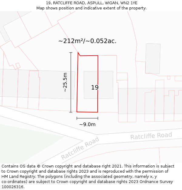 19, RATCLIFFE ROAD, ASPULL, WIGAN, WN2 1YE: Plot and title map
