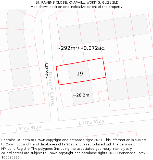 19, RAVENS CLOSE, KNAPHILL, WOKING, GU21 2LD: Plot and title map