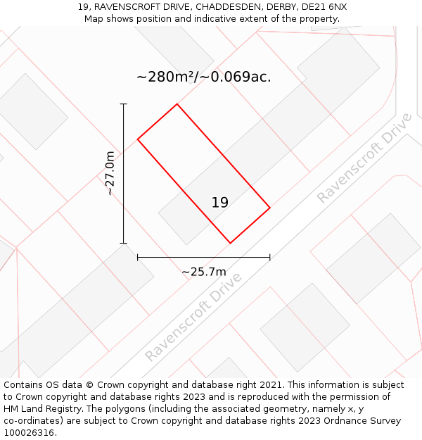 19, RAVENSCROFT DRIVE, CHADDESDEN, DERBY, DE21 6NX: Plot and title map