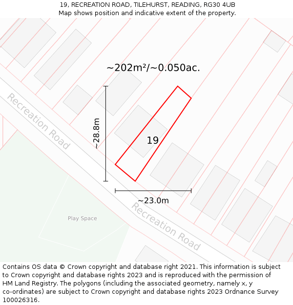 19, RECREATION ROAD, TILEHURST, READING, RG30 4UB: Plot and title map