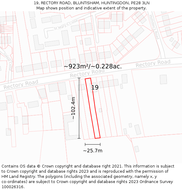 19, RECTORY ROAD, BLUNTISHAM, HUNTINGDON, PE28 3LN: Plot and title map