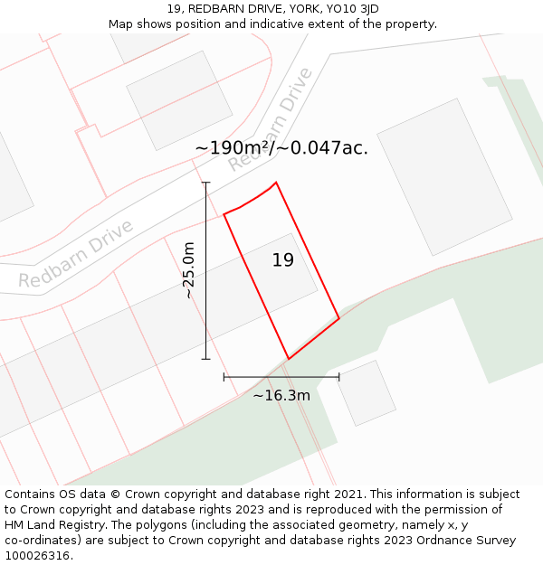 19, REDBARN DRIVE, YORK, YO10 3JD: Plot and title map