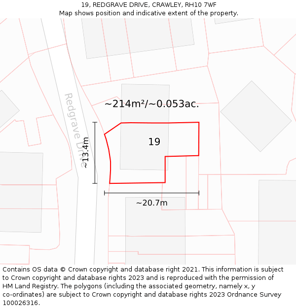 19, REDGRAVE DRIVE, CRAWLEY, RH10 7WF: Plot and title map