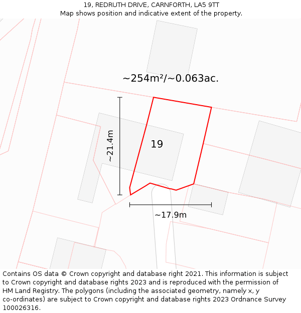 19, REDRUTH DRIVE, CARNFORTH, LA5 9TT: Plot and title map