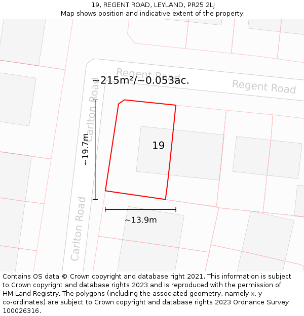 19, REGENT ROAD, LEYLAND, PR25 2LJ: Plot and title map
