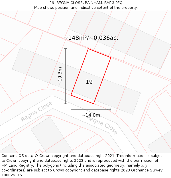 19, REGNA CLOSE, RAINHAM, RM13 9FQ: Plot and title map