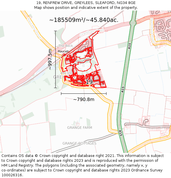 19, RENFREW DRIVE, GREYLEES, SLEAFORD, NG34 8GE: Plot and title map
