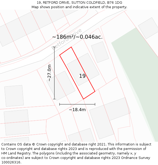 19, RETFORD DRIVE, SUTTON COLDFIELD, B76 1DG: Plot and title map