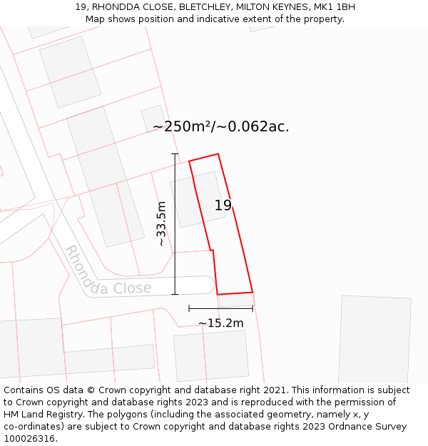 19, RHONDDA CLOSE, BLETCHLEY, MILTON KEYNES, MK1 1BH: Plot and title map