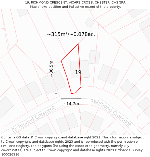 19, RICHMOND CRESCENT, VICARS CROSS, CHESTER, CH3 5PA: Plot and title map