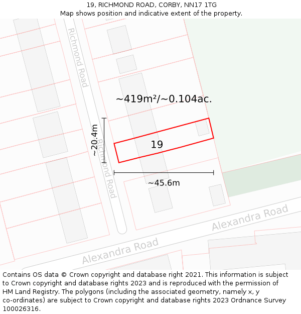 19, RICHMOND ROAD, CORBY, NN17 1TG: Plot and title map