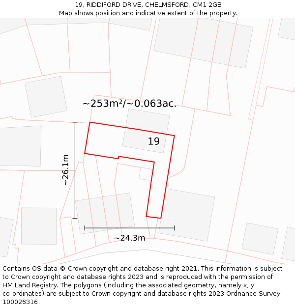 19, RIDDIFORD DRIVE, CHELMSFORD, CM1 2GB: Plot and title map