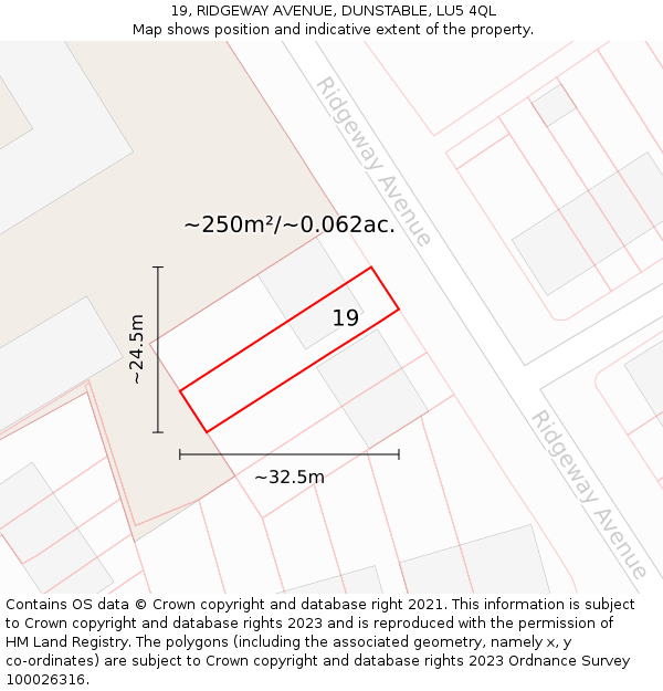 19, RIDGEWAY AVENUE, DUNSTABLE, LU5 4QL: Plot and title map