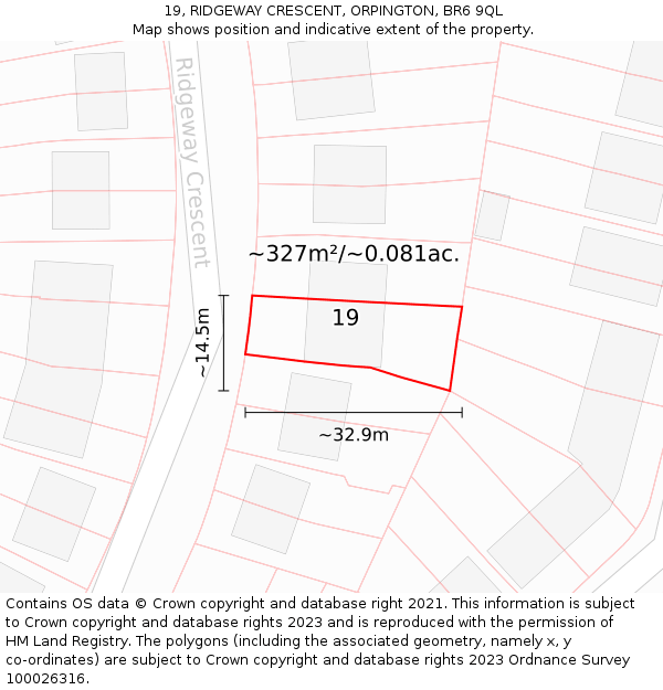 19, RIDGEWAY CRESCENT, ORPINGTON, BR6 9QL: Plot and title map