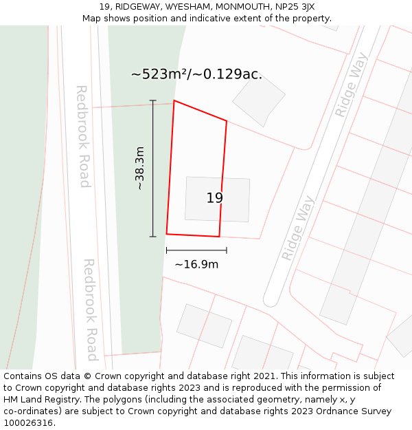 19, RIDGEWAY, WYESHAM, MONMOUTH, NP25 3JX: Plot and title map