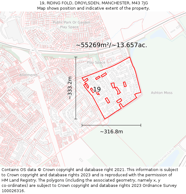 19, RIDING FOLD, DROYLSDEN, MANCHESTER, M43 7JG: Plot and title map