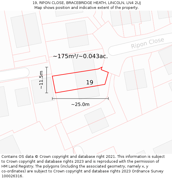 19, RIPON CLOSE, BRACEBRIDGE HEATH, LINCOLN, LN4 2UJ: Plot and title map