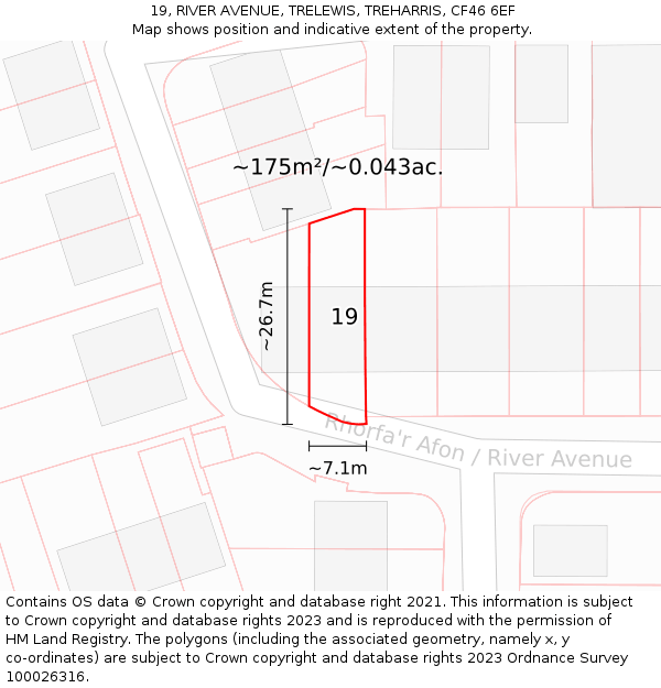19, RIVER AVENUE, TRELEWIS, TREHARRIS, CF46 6EF: Plot and title map