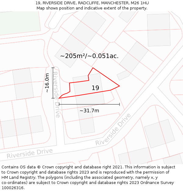 19, RIVERSIDE DRIVE, RADCLIFFE, MANCHESTER, M26 1HU: Plot and title map