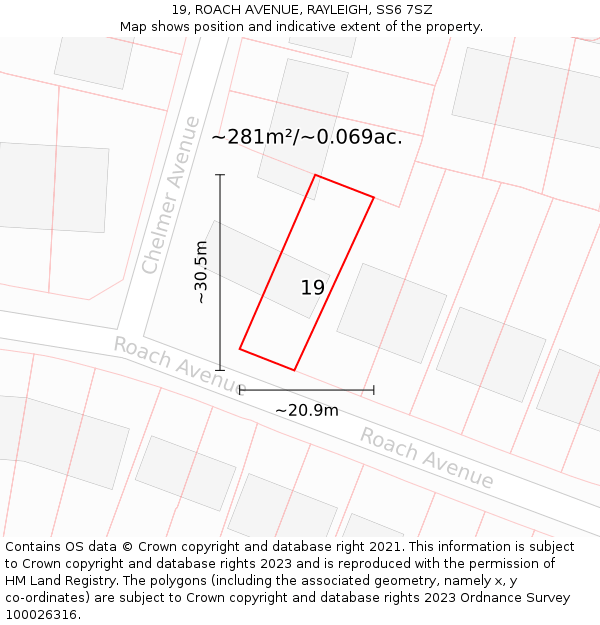 19, ROACH AVENUE, RAYLEIGH, SS6 7SZ: Plot and title map