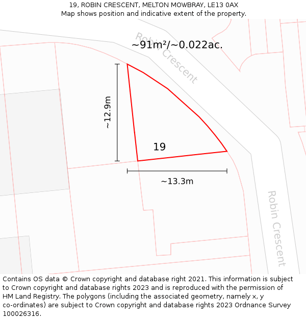 19, ROBIN CRESCENT, MELTON MOWBRAY, LE13 0AX: Plot and title map