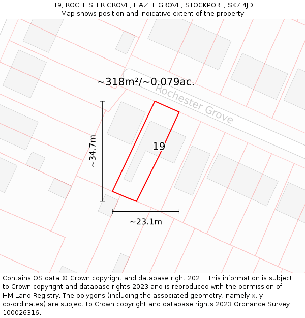 19, ROCHESTER GROVE, HAZEL GROVE, STOCKPORT, SK7 4JD: Plot and title map