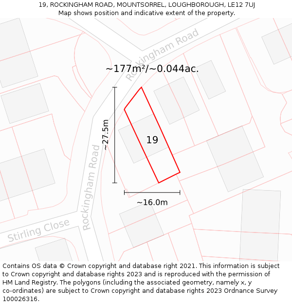19, ROCKINGHAM ROAD, MOUNTSORREL, LOUGHBOROUGH, LE12 7UJ: Plot and title map