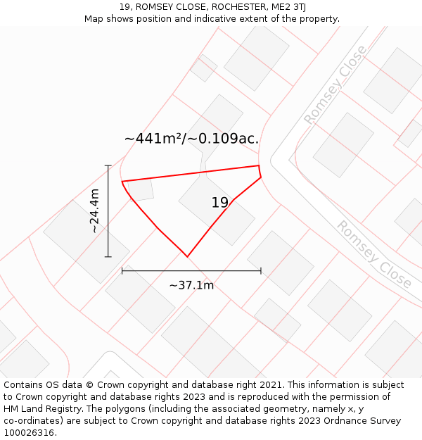 19, ROMSEY CLOSE, ROCHESTER, ME2 3TJ: Plot and title map