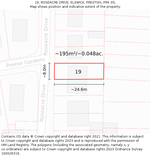 19, ROSEACRE DRIVE, ELSWICK, PRESTON, PR4 3YL: Plot and title map