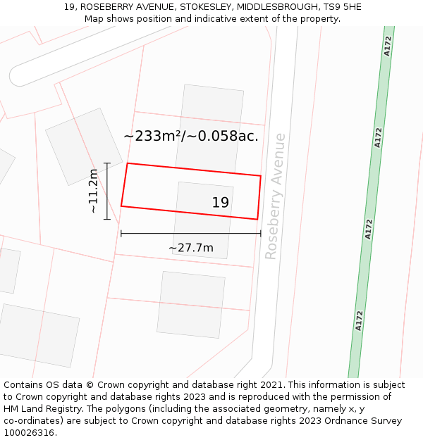 19, ROSEBERRY AVENUE, STOKESLEY, MIDDLESBROUGH, TS9 5HE: Plot and title map