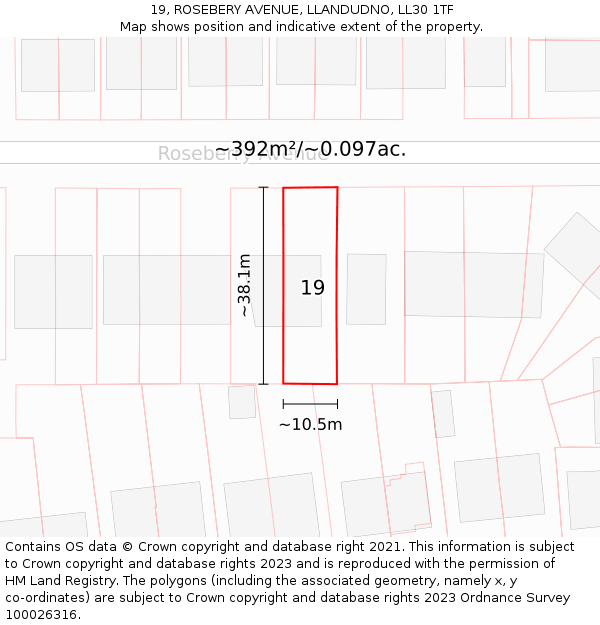 19, ROSEBERY AVENUE, LLANDUDNO, LL30 1TF: Plot and title map