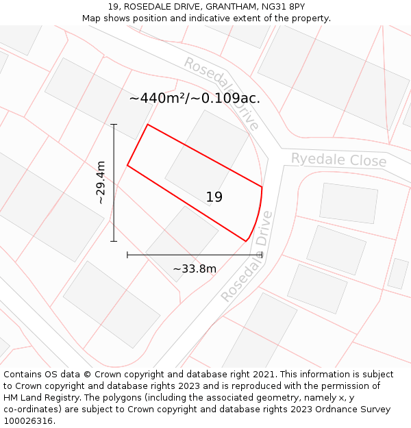 19, ROSEDALE DRIVE, GRANTHAM, NG31 8PY: Plot and title map