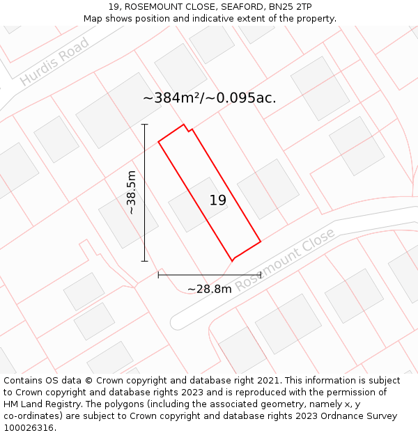 19, ROSEMOUNT CLOSE, SEAFORD, BN25 2TP: Plot and title map