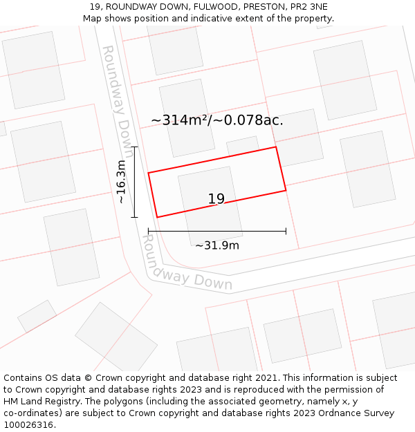 19, ROUNDWAY DOWN, FULWOOD, PRESTON, PR2 3NE: Plot and title map